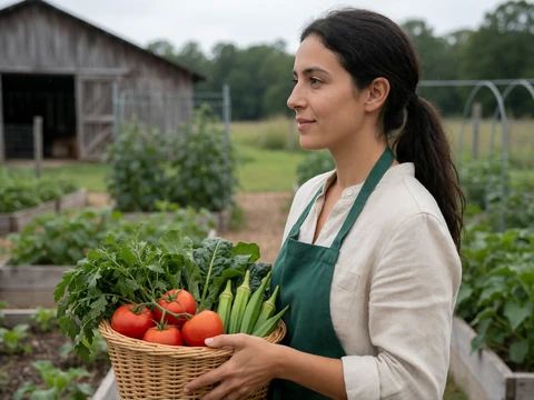 Woman holding fresh vegetables beside raised beds on a small Alabama farm dating profile