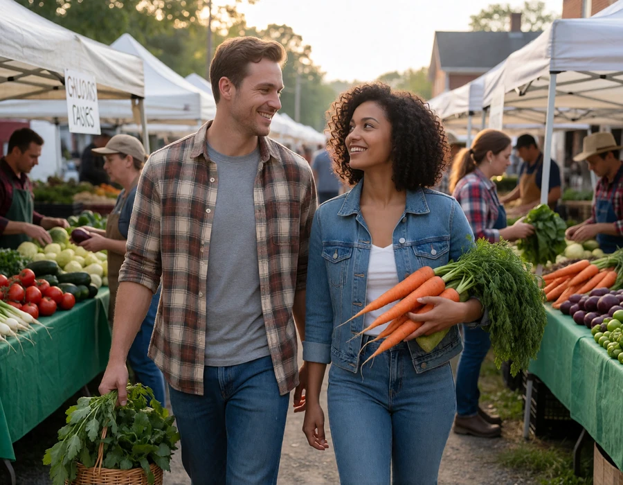 Couple in their late 20s walking through a farmers market with produce, a relaxed country date idea for rural dating