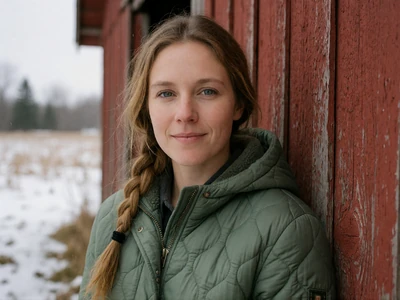 Woman in her 30s in a quilted jacket standing beside a red barn on a Minnesota farm in winter