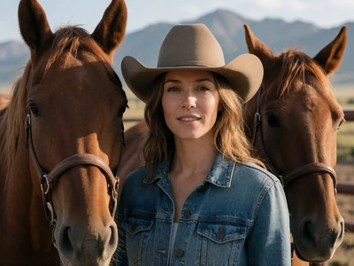 Woman in her 30s wearing a cowboy hat standing beside two horses on a Montana ranch with mountains behind