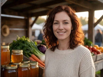 Woman in her 30s smiling at a farmers market booth with honey jars in the morning light