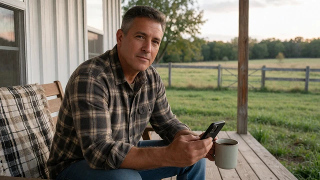 Adult man farmer using a smartphone on a porch, linking to online dating tips for farmers