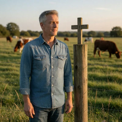 Christian man in his 50s beside a cross-topped fence post in a cattle pasture at golden hour
