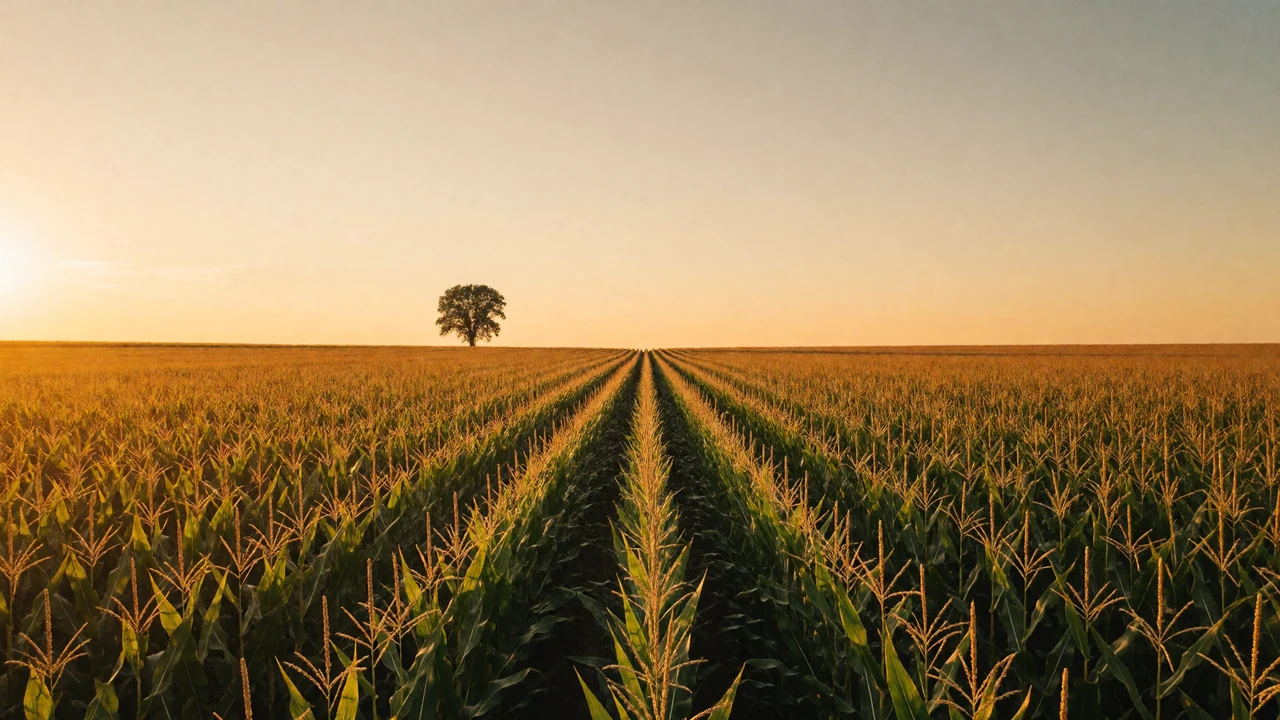 Iowa cornfield rows stretching to the horizon at golden hour with a lone tree, representing heartland farmers dating and Midwest country singles