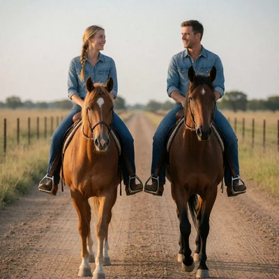 Country couple in their twenties riding horses together down a dirt road on open ranchland