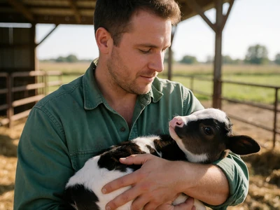 Adult man age 33 in a green work shirt holding a newborn calf in a barnyard on an Illinois farm