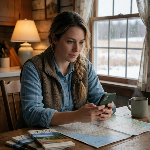 Woman checking a map on her phone in a cozy Maine farmhouse kitchen before a rural date