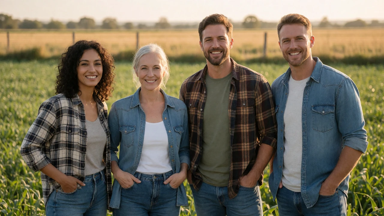 Four diverse farmers standing together smiling in a green field at golden hour on a farmer dating site team