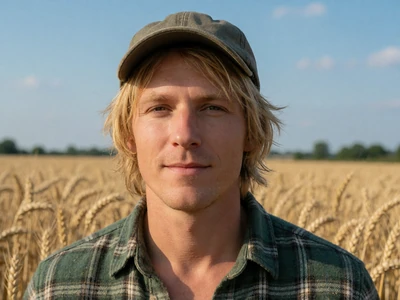 Adult man in a green flannel shirt standing in a golden wheat field on an Ohio farm