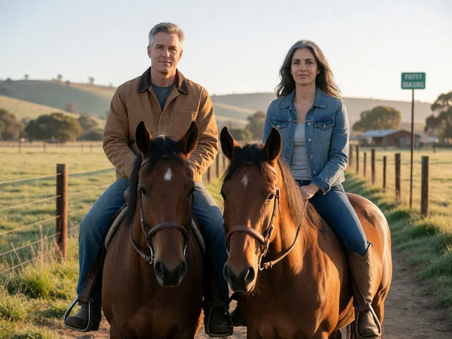 Couple in their 50s riding horses side by side on a ranch trail, showing steady cowboy romance
