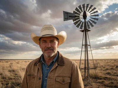 Adult man in his 50s near a windmill on open West Texas rangeland under a dramatic sky