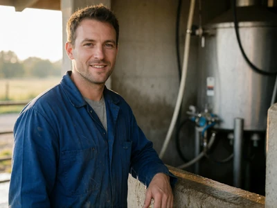 Man in his early 30s in blue coveralls standing outside a Wisconsin dairy milking parlor in the early morning