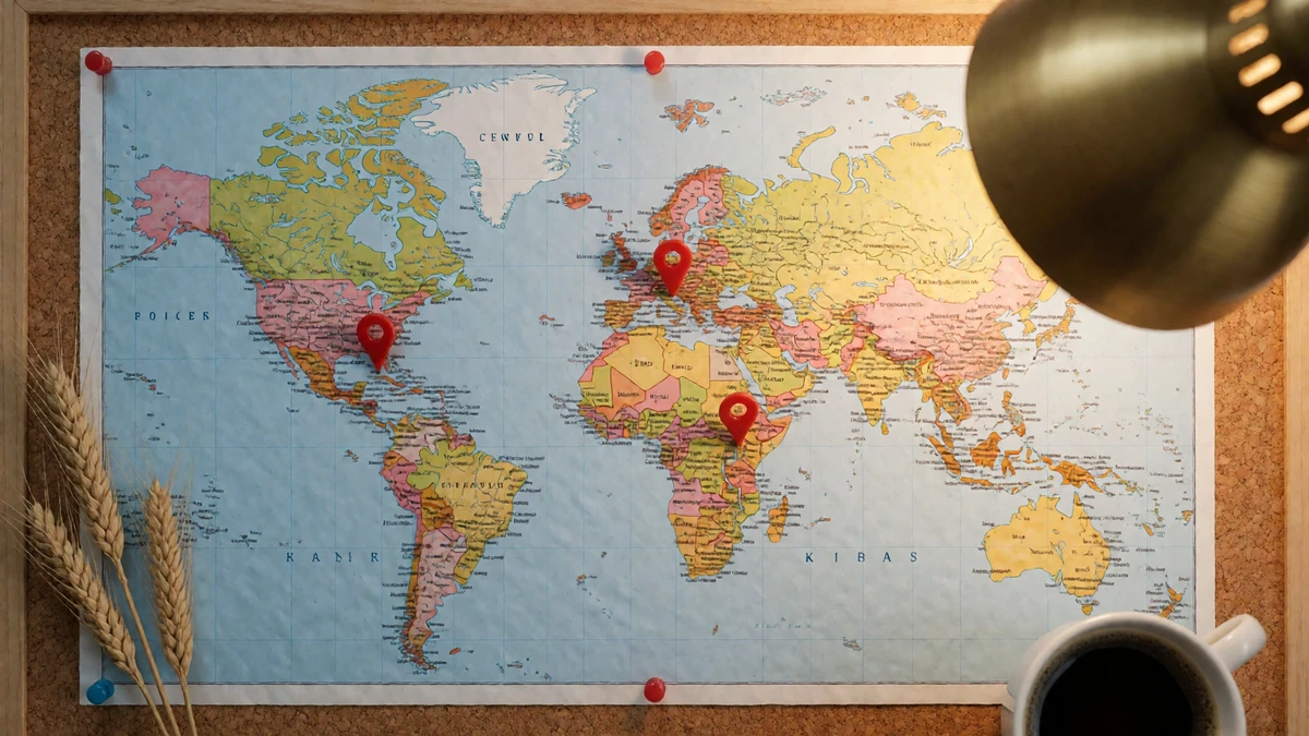 World map on a cork board with location pins under a warm desk lamp, marking distant places for an international romance