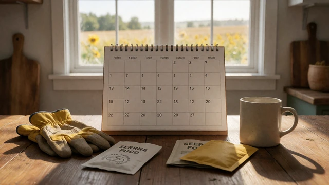 Farm calendar and work gloves on a table for seasonal dating planning.