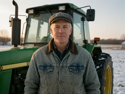 Man in his 50s in a denim jacket standing by a green tractor in a snowy Minnesota farmyard