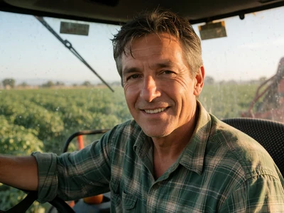 Man in his late 40s in a plaid shirt driving a harvester in a California field