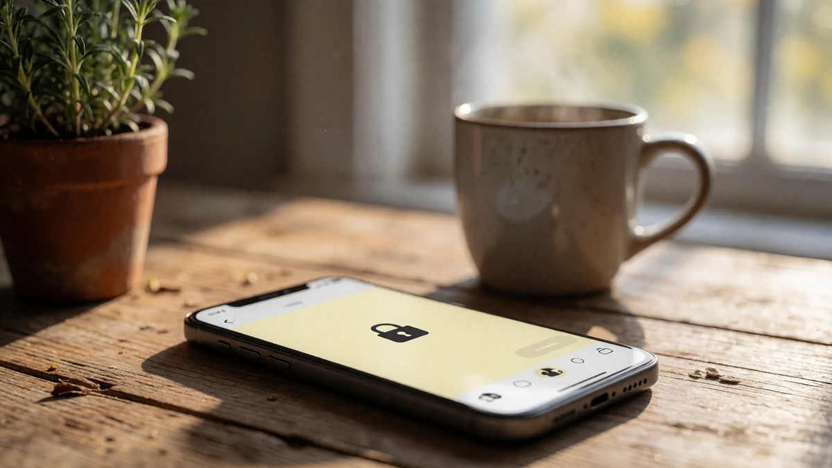 Smartphone on a farmhouse table showing a messaging app with a lock icon in warm morning light