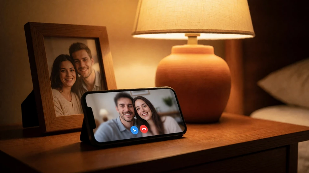 Bedside table at night with a phone showing a video call and a framed couple photo under warm lamp light, illustrating long-distance rural communication