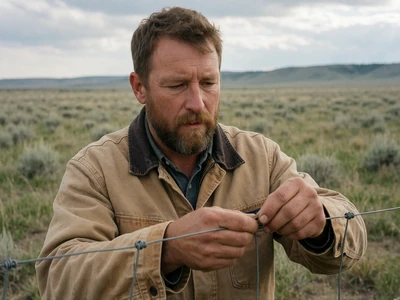 Man in his 40s in a canvas jacket repairing a wire fence on a vast open Montana plain