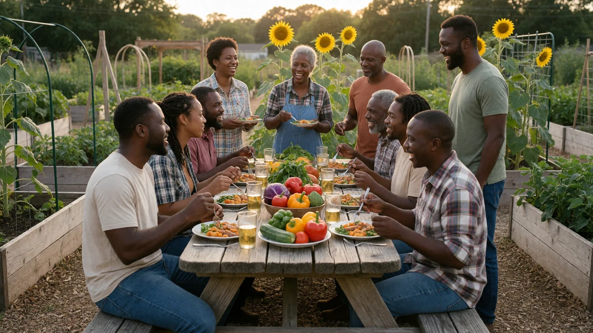 Black farmers of different ages sharing a meal at a community garden picnic table in warm afternoon light