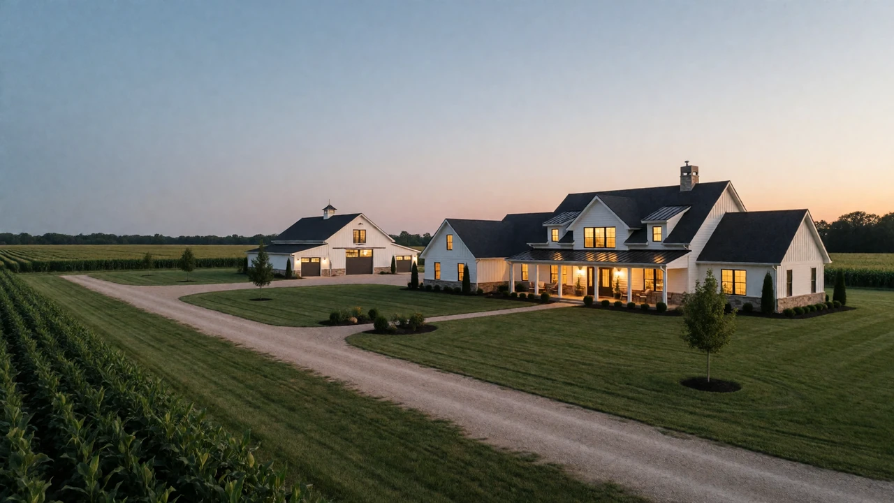 Elegant modern agricultural estate with farmhouse and manicured fields at dusk for millionaire farmers dating