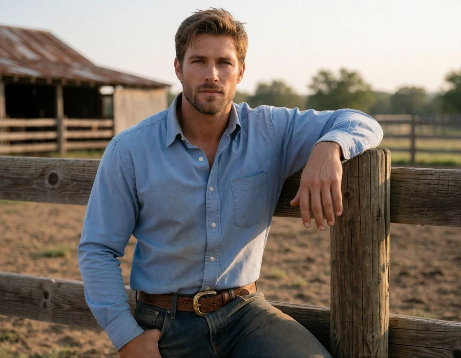 Adult rancher leaning against a pasture fence, showing modern cowboy dating in a real ranch setting