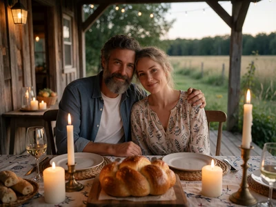 Adult Jewish couple at a Shabbat dinner on a farmhouse porch, Jewish farmers dating category