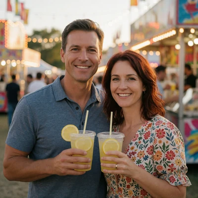 Couple in their 40s smiling at a county fair in warm evening light
