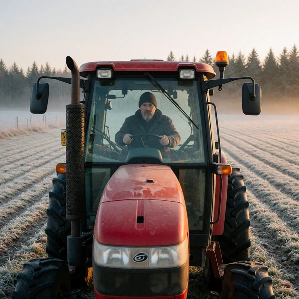 Man driving a red tractor through a frost-covered Maine field at dawn during rural dating season