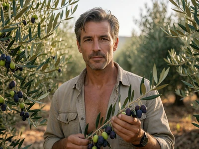 European man in his early 50s with a weathered face holding ripe olives in a sunlit olive grove