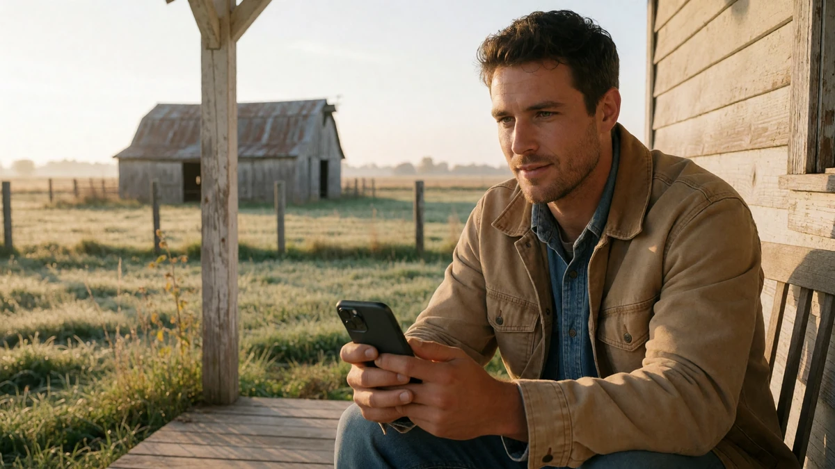 Farmer using a smartphone on a farmhouse porch for online dating tips.