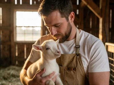 Man in his 30s holding a baby goat inside a barn