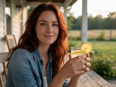 Adult woman in her 30s with auburn hair sitting on a farmhouse porch holding a glass of lemonade in the afternoon