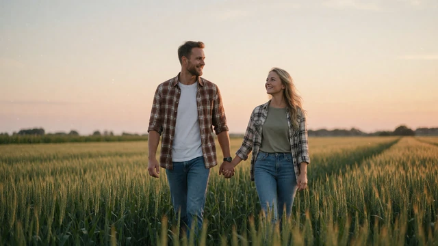 Couple walking through a green field at dusk, linking to country date ideas