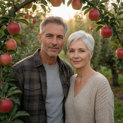 Couple in their 50s standing together in their apple orchard in soft morning light