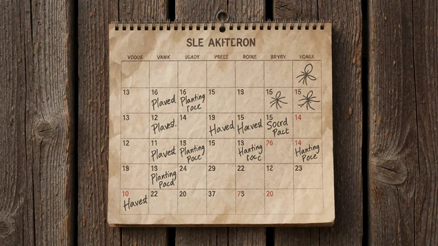 Calendar on a barn wall marked with planting and harvest dates, linking to seasonal dating challenges