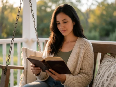 Christian woman in her 30s reading a Bible on a farmhouse porch swing in the afternoon