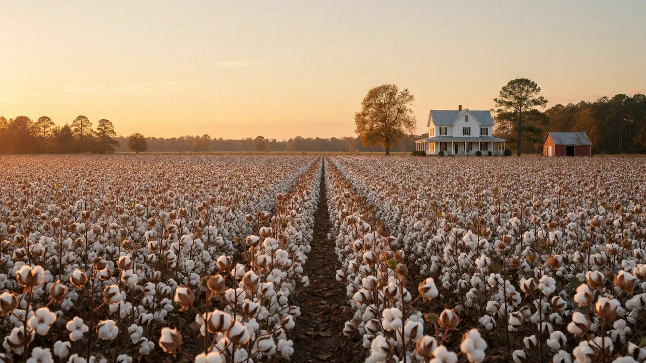 Cotton field at sunset with an Alabama farmhouse, representing Alabama farmers dating for country singles