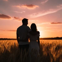 Couple in their 40s silhouetted against a sunset over a wheat field