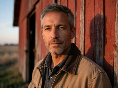 Adult Jewish man standing beside a weathered red barn in the evening light