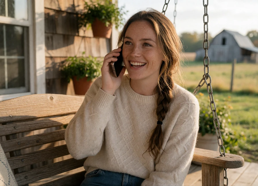 Adult woman laughing on a farmhouse porch swing while talking by phone about dating in small towns