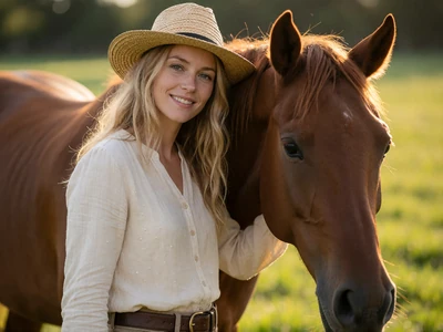 Woman in her 30s with her arm around a horse in a grassy paddock