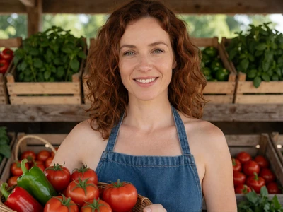 Woman in her late 20s holding a basket of fresh produce at an Arkansas farm stand
