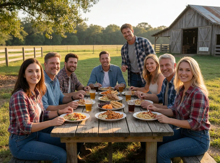 Adults sharing an outdoor barbecue table on an Alabama farm with pasture and barn in the background