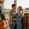 Couple in their 30s embracing beside a pickup truck at a rural gas station in warm afternoon light