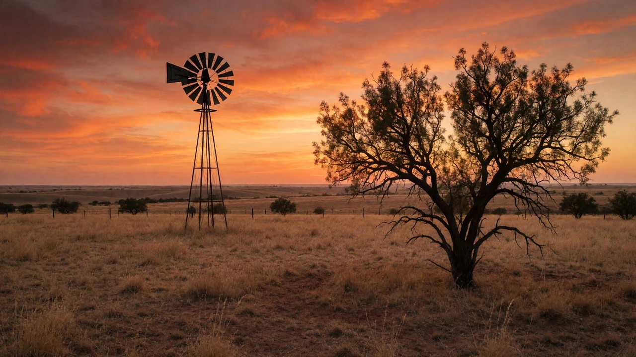 Texas cattle ranch at dusk with a windmill silhouetted against a fiery orange sunset, representing Texas farmers dating and ranch life romance