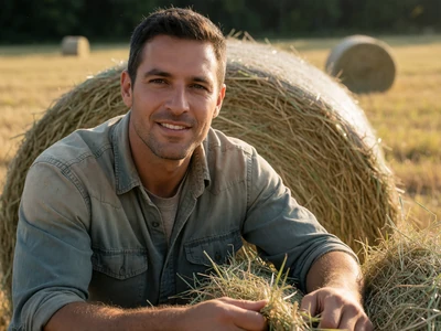 Adult man in his 40s baling hay in a sunlit Tennessee field with round hay bales behind him