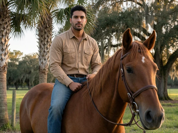 Man rancher on horseback in a Florida cattle pasture for country singles dating