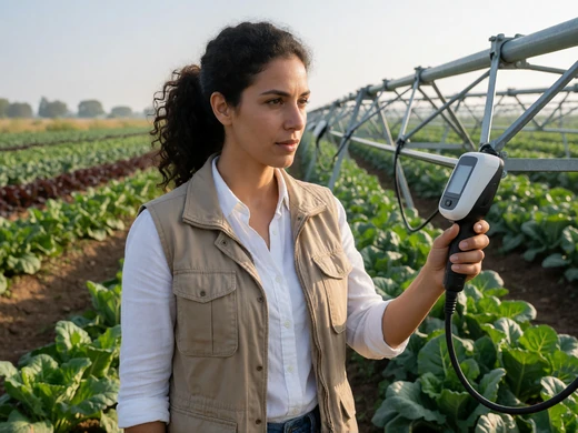Adult woman inspecting high-tech irrigation systems on a successful farm for premium rural dating