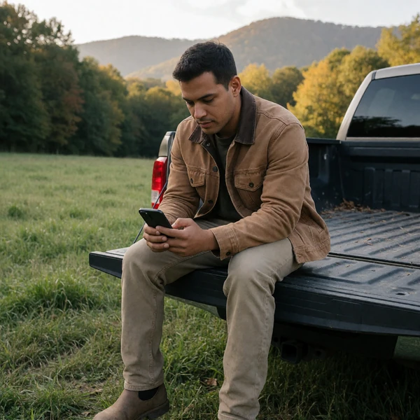 Single man checking his smartphone on a pickup tailgate with a rural West Virginia background